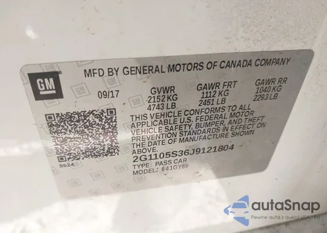 2018 Chevrolet Impala 1Lt z USA, uszkodzony, nr VIN 2G1105S36J9121804